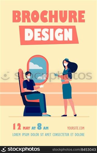 Airplane passenger and stewardess wearing face masks and gloves. People on board during epidemic flat vector illustration. Virus, pandemic, protection concept for banner, website design or landing web page