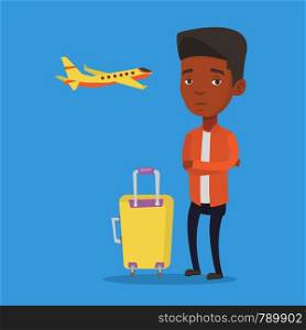 Airplane passenger frightened by future flight. Airplane passenger suffering from fear of flying. Terrified passenger with suitcase waiting for a flight. Vector flat design illustration Square layout.. Young man suffering from fear of flying.
