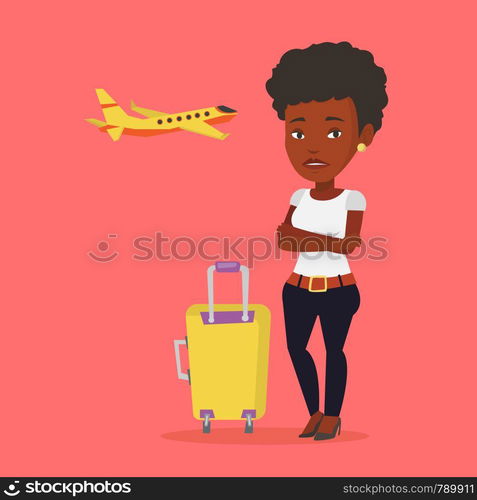 Airplane passenger frightened by future flight. Airplane passenger suffering from fear of flying. Terrified passenger with suitcase waiting for a flight. Vector flat design illustration Square layout.. Young woman suffering from fear of flying.