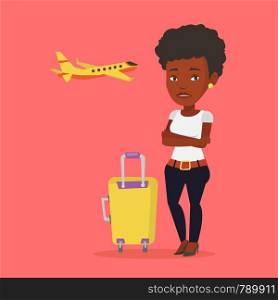 Airplane passenger frightened by future flight. Airplane passenger suffering from fear of flying. Terrified passenger with suitcase waiting for a flight. Vector flat design illustration Square layout.. Young woman suffering from fear of flying.