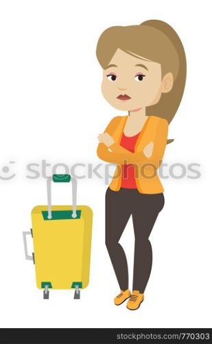 Airplane passenger frightened by future flight. Girl suffering from fear of flying. Terrified passenger with suitcase waiting for a flight. Vector flat design illustration isolated on white background. Young woman suffering from fear of flying.