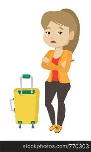 Airplane passenger frightened by future flight. Girl suffering from fear of flying. Terrified passenger with suitcase waiting for a flight. Vector flat design illustration isolated on white background. Young woman suffering from fear of flying.