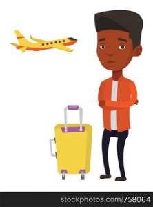 Airplane passenger frightened by future flight. Man suffering from fear of flying. Terrified passenger with suitcase waiting for a flight. Vector flat design illustration isolated on white background.. Young man suffering from fear of flying.