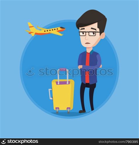 Airplane passenger frightened by future flight. Man suffering from fear of flying. Terrified passenger waiting for a flight. Vector flat design illustration in the circle isolated on background.. Young man suffering from fear of flying.