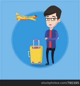 Airplane passenger frightened by future flight. Man suffering from fear of flying. Terrified passenger waiting for a flight. Vector flat design illustration in the circle isolated on background.. Young man suffering from fear of flying.