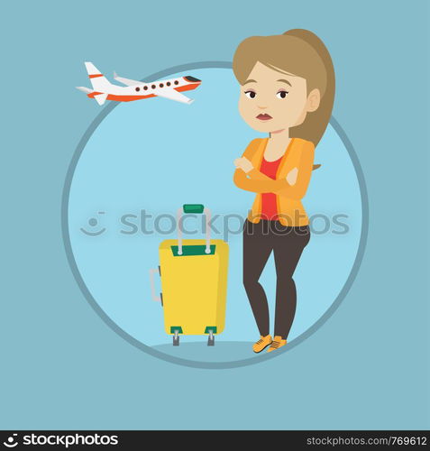 Airplane passenger frightened by future flight. Woman suffering from fear of flying. Terrified passenger waiting for a flight. Vector flat design illustration in the circle isolated on background.. Young woman suffering from fear of flying.