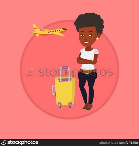 Airplane passenger frightened by future flight. Woman suffering from fear of flying. Terrified passenger waiting for a flight. Vector flat design illustration in the circle isolated on background.. Young woman suffering from fear of flying.