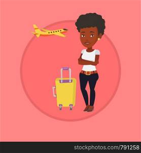 Airplane passenger frightened by future flight. Woman suffering from fear of flying. Terrified passenger waiting for a flight. Vector flat design illustration in the circle isolated on background.. Young woman suffering from fear of flying.
