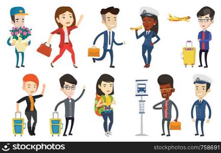 Airplane passenger frightened by future flight. Young man suffering from fear of flying. Terrified passenger waiting for a flight. Set of vector flat design illustrations isolated on white background.. Vector set with people traveling.