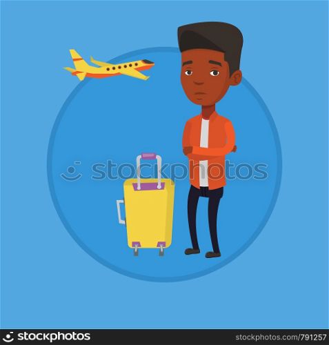 Airplane passenger frightened by future flight. Young man suffering from fear of flying. Terrified passenger waiting for a flight. Vector flat design illustration in the circle isolated on background.. Young man suffering from fear of flying.