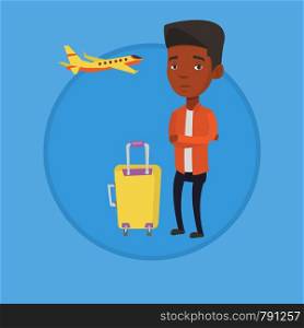 Airplane passenger frightened by future flight. Young man suffering from fear of flying. Terrified passenger waiting for a flight. Vector flat design illustration in the circle isolated on background.. Young man suffering from fear of flying.
