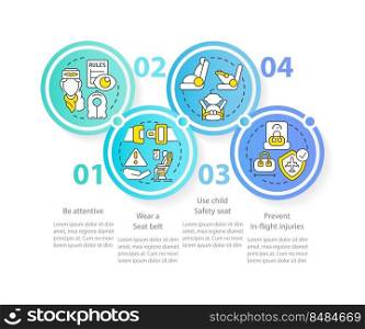 Airplane passenger safety circle infographic template. Wear seatbelt. Data visualization with 4 steps. Editable timeline info chart. Workflow layout with line icons. Myriad Pro-Bold, Regular font used. Airplane passenger safety circle infographic template