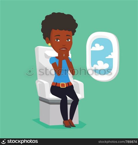 Airplane passenger shocked by plane flight in a turbulent area. Airplane passenger frightened by flight. Terrified passenger sitting in airplane seat. Vector flat design illustration. Square layout. Young woman suffering from fear of flying.