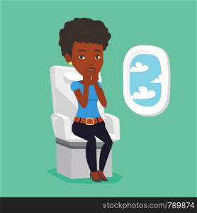 Airplane passenger shocked by plane flight in a turbulent area. Airplane passenger frightened by flight. Terrified passenger sitting in airplane seat. Vector flat design illustration. Square layout. Young woman suffering from fear of flying.