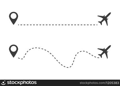 airplane path with location icon on white background, vector illustration. airplane path with location icon on white background, vector