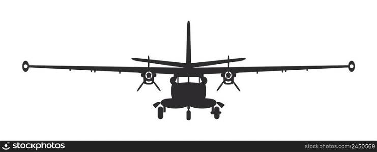Airplane. Propeller plane with two engines. Airplane silhouette front view. Flight transport symbol. Vector image