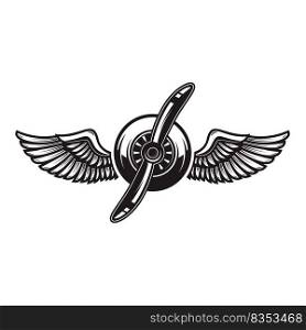 Airplane propeller with bird wings. Design element for logo, label, sign, emblem. Vector illustration