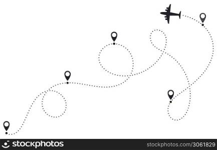 Airplane route line. Plane dotted route, airplane destination track, plane traveling destination pathway, plane travel map vector illustration. Location points with dashed itinerary. Airplane route line. Plane dotted route, airplane destination track, plane traveling destination pathway, plane travel map vector illustration