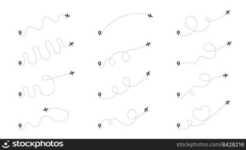 Airplane routes. Travel vector icon. Travel from start point and dotted line tracing.