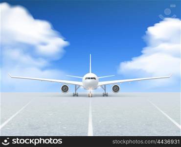 Airplane Runway Poster. White plane prepares to take off from the runway poster at a realistic blue background and pavement vector illustration