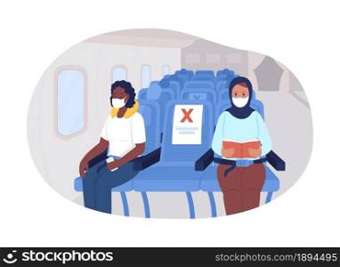 Airplane safe social distancing 2D vector isolated illustration. Plane passengers in facial masks flat characters on cartoon background. Travel precautions post covid colourful scene. Airplane safe social distancing 2D vector isolated illustration