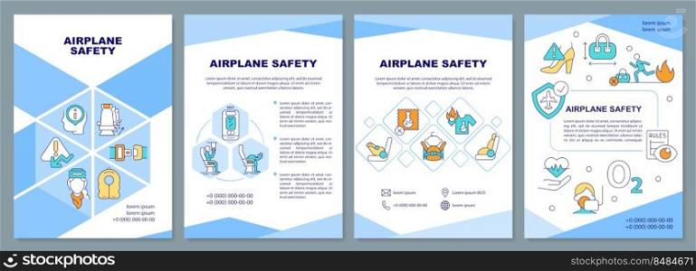 Airplane safety blue brochure template. Emergency evacuation. Leaflet design with linear icons. Editable 4 vector layouts for presentation, annual reports. Arial-Black, Myriad Pro-Regular fonts used. Airplane safety blue brochure template