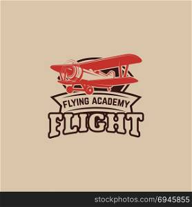 Airplane show. Retro airplane propeller on winged emblem. Design element for logo, label, emblem, sign. Vector illustration