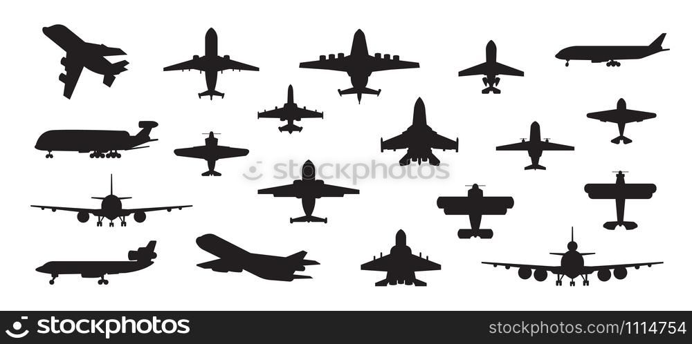Airplane silhouette. Military jet plane and civil aviation passenger and cargo aircraft isolated on white. Vector air transport set for traveller on commercial jet. Airplane silhouette. Military jet plane and civil aviation passenger and cargo aircraft isolated on white. Vector air transport set