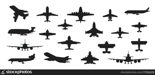 Airplane silhouette. Military jet plane and civil aviation passenger and cargo aircraft isolated on white. Vector air transport set for traveller on commercial jet. Airplane silhouette. Military jet plane and civil aviation passenger and cargo aircraft isolated on white. Vector air transport set