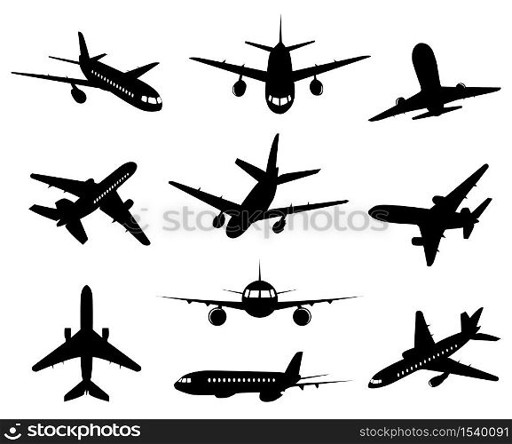 Airplane silhouette. Passenger plane, back front and bottom views, aircraft jet silhouettes isolated vector illustration icons set. Jet monochrome, plane and airplane, commercial passenger flight. Airplane silhouette. Passenger plane landing, back front and bottom views, aircraft jet silhouettes isolated vector illustration icons set