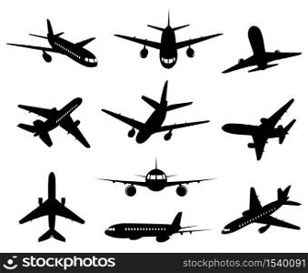 Airplane silhouette. Passenger plane, back front and bottom views, aircraft jet silhouettes isolated vector illustration icons set. Jet monochrome, plane and airplane, commercial passenger flight. Airplane silhouette. Passenger plane landing, back front and bottom views, aircraft jet silhouettes isolated vector illustration icons set
