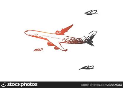 Airplane, sky, flight, transport, trip concept. Hand drawn airplane flying in the sky concept sketch. Isolated vector illustration.. Airplane, sky, flight, transport, trip concept. Hand drawn isolated vector.