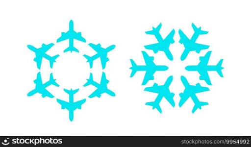 Airplane snowflakes. Flat vector illustration isolated on white.. Airplane snowflakes. Vector illustration