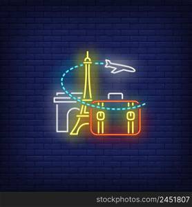 Airplane, suitcase, Eiffel tower and Arc de Triomphe neon sign. Tourism, vacation, travel design. Night bright neon sign, colorful billboard, light banner. Vector illustration in neon style.