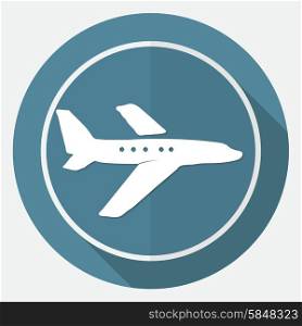 airplane symbol on white circle with a long shadow