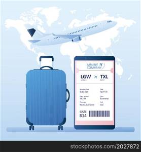 Airplane take off,Big suitcase and smartphone with online check-in,Airline boarding pass ticket with barcode code on mobile phone screen,world map on background,Vector illustration in trendy style