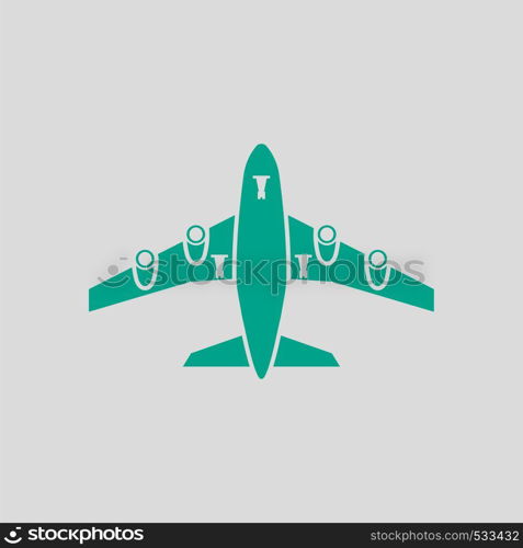 Airplane Takeoff Icon Front View. Green on Gray Background. Vector Illustration.