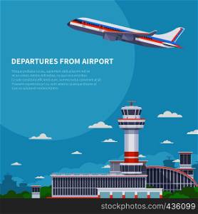 Airplane takeoff on runway in international airport. Tourism and air travel vector concept. Airplane departure from international terminal illustration. Airplane takeoff on runway in international airport. Tourism and air travel vector concept