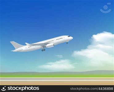 Airplane Takeoff Poster. White plane off the ground take off poster on the background of clouds and sky runway vector illustration