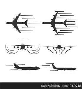 Airplane takeoff vector air travel icon. Aircraft flight design symbol concept. Black silhouette isolated flat art landing. Speed runway sign aviation simple transportation