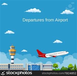 Airplane Takes Off from the Airport ,Control Tower and Airplane , Travel and Tourism Concept. Vector illustration in flat style. Airplane Takes Off from the Airport ,