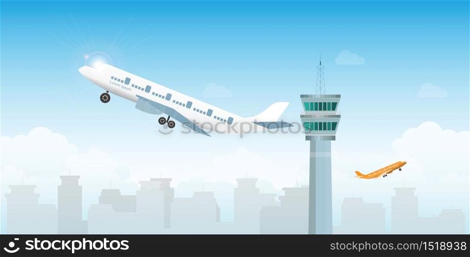Airplane taking off from the airport with control tower on city silhouette and sky on background, flat vector illustration.
