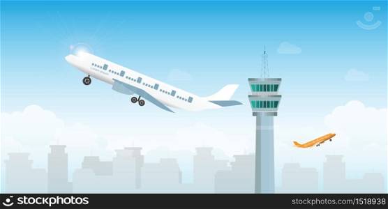 Airplane taking off from the airport with control tower on city silhouette and sky on background, flat vector illustration.