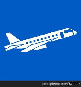 Airplane taking off icon white isolated on blue background vector illustration. Airplane taking off icon white