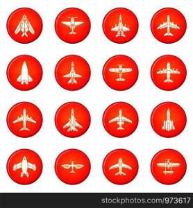 Airplane top view icons set vector red circle isolated on white background . Airplane top view icons set red vector