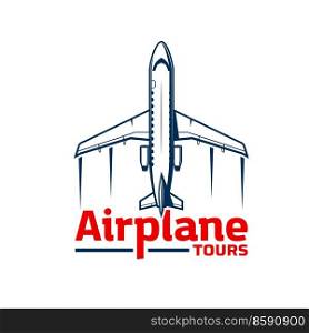 Airplane tours and air travel icon for flights and aviation service, vector. Air plane private jet and airplane tours rental, aviator academy and pilot instructors training club badge. Airplane tour or air travel icon, aviation flights