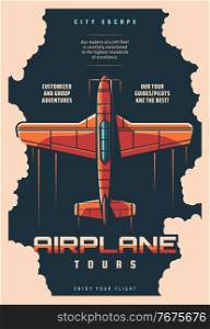 Airplane tours, plane jet travel and aircraft journey, vector retro vintage poster. Air trip with pilot guide, vacation voyage and private flight on propeller airplane, aviation tourism adventure. Airplane tours, air flight adventure on plane jet