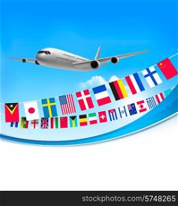 Airplane travel background with flags of different countries