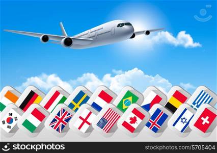 Airplane travel background with flags of different countries. Vector.