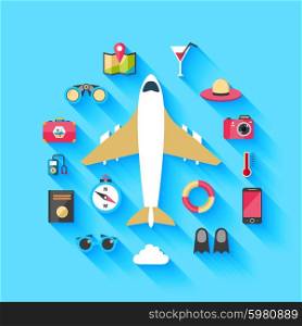 Airplane travel concept background poster. Airlines tropical travel concept background poster with luggage trolley and tablet map thermometer flat abstract vector illustration